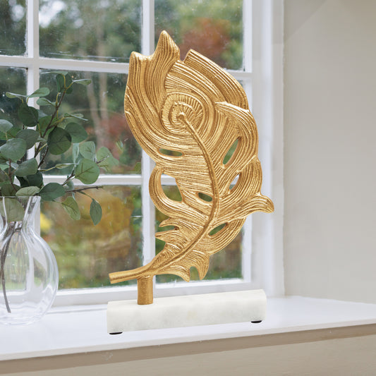 Evra Gold Peacock Feather Sculpture On White Marble Base