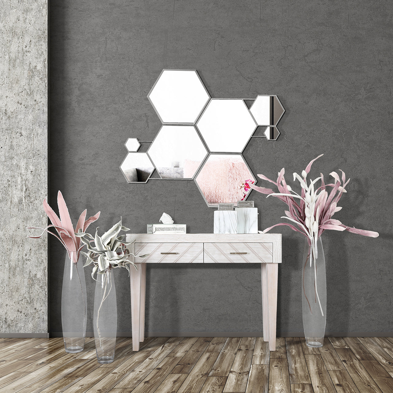 100cm Silver Hexagons with Fantastic Metal Frame Wall Mirror