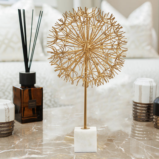 Evra Gold Dandelion Sculpture On White Marble Base